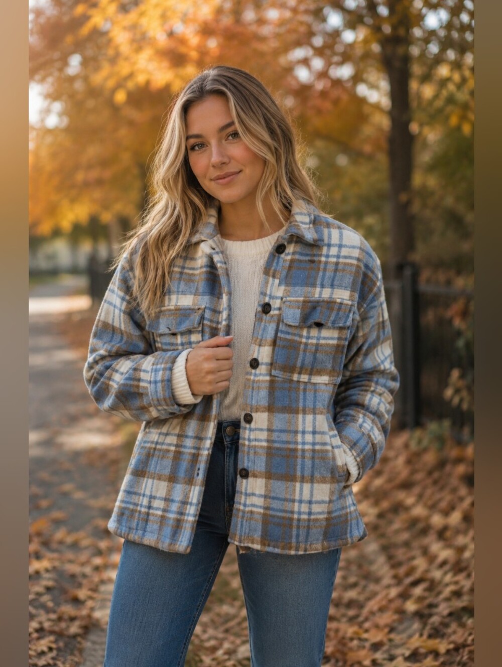 12th Tribe Blue Brown White Plaid Check Square Shacket Cozy Top M